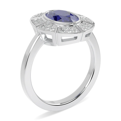 Platinum Sapphire and Diamond ring from Blacklock's Cipher collection — through finger view