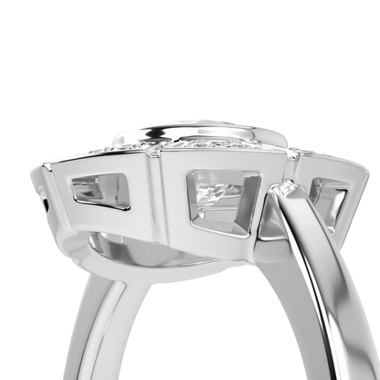 Cipher collection diamond halo ring set in 18ct White Gold, Blacklock Jewellery — worn view