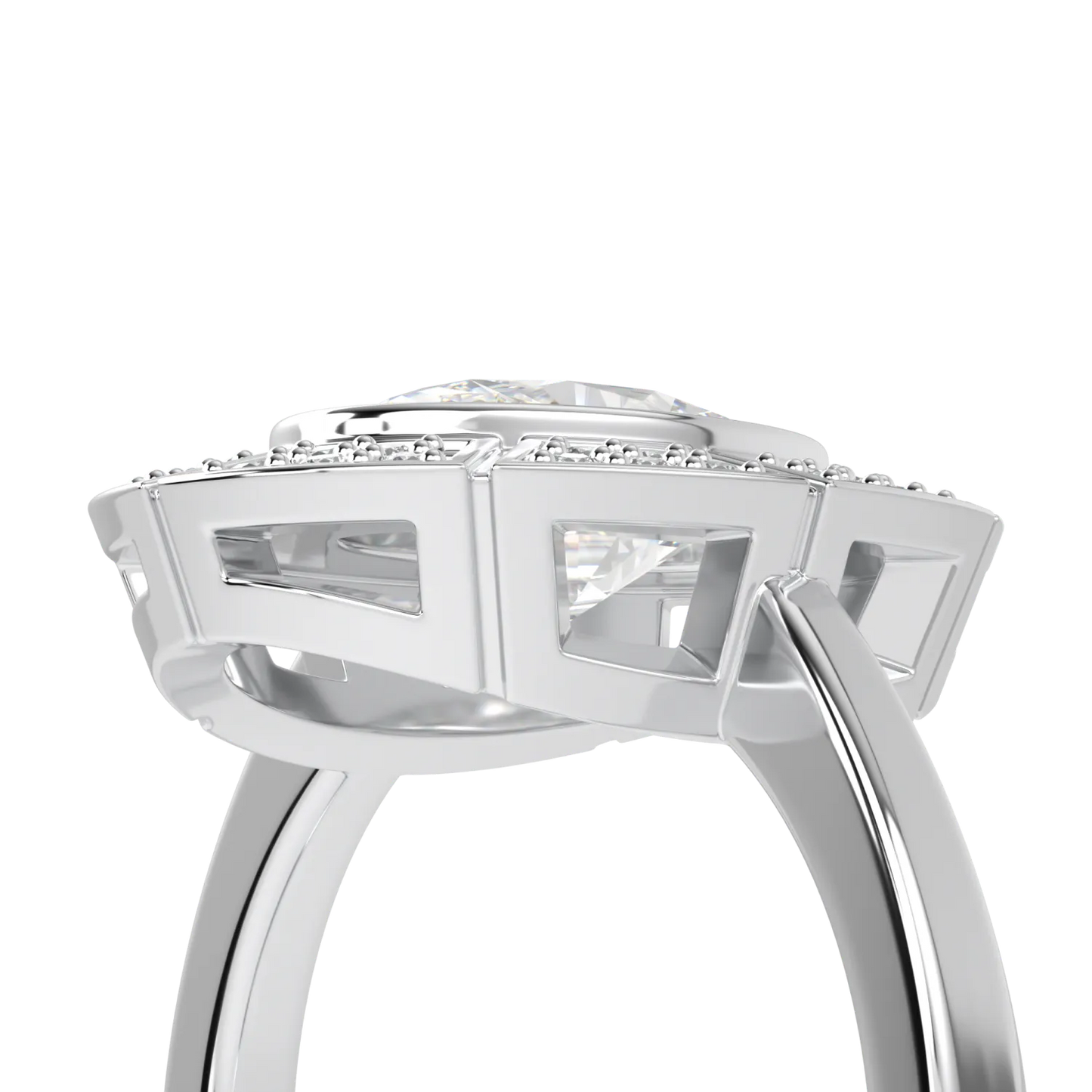 18ct White Gold Oval Shaped Diamond Geometric Halo Ring by Blacklock Jewellery, Cipher collection — worn view