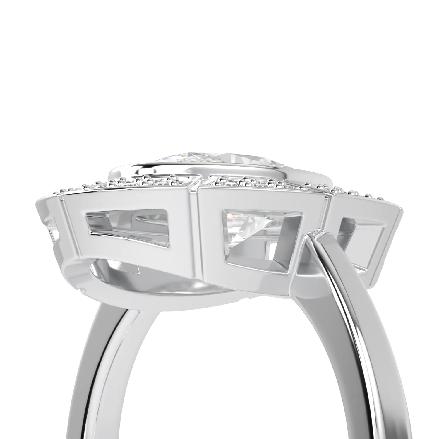 18ct White Gold Oval Shaped Diamond Geometric Halo Ring by Blacklock Jewellery, Cipher collection — worn view