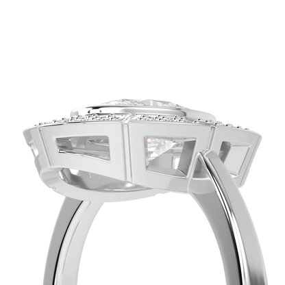 18ct White Gold Oval Shaped Diamond Geometric Halo Ring by Blacklock Jewellery, Cipher collection — worn view
