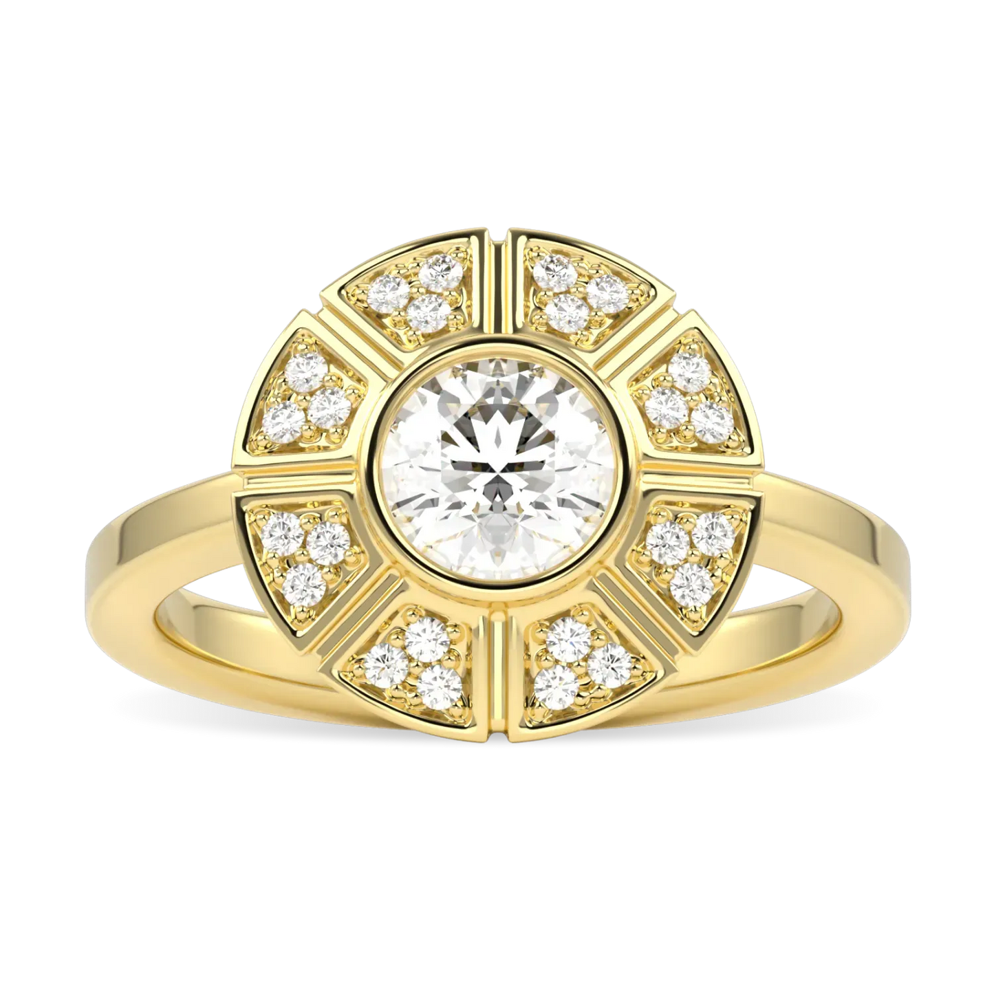 18ct Yellow Gold Diamond Geometric Halo Ring by Blacklock Jewellery, Cipher collection — top view