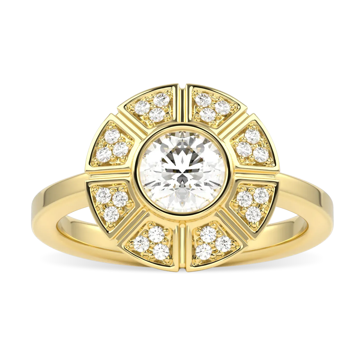 18ct Yellow Gold Diamond Geometric Halo Ring by Blacklock Jewellery, Cipher collection — top view