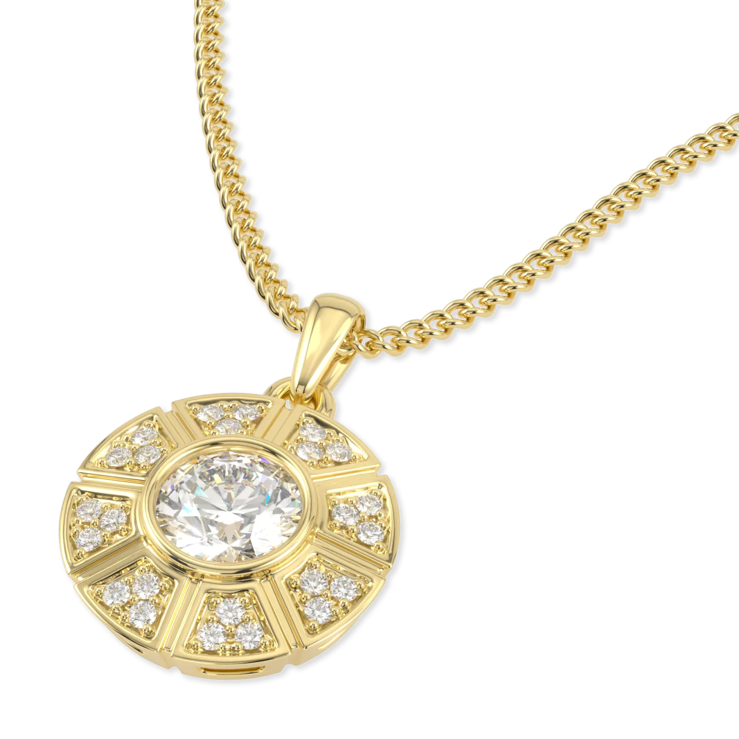 18ct Yellow Gold Diamond Geometric Halo Solitaire Pendant by Blacklock Jewellery, Cipher collection — detail view