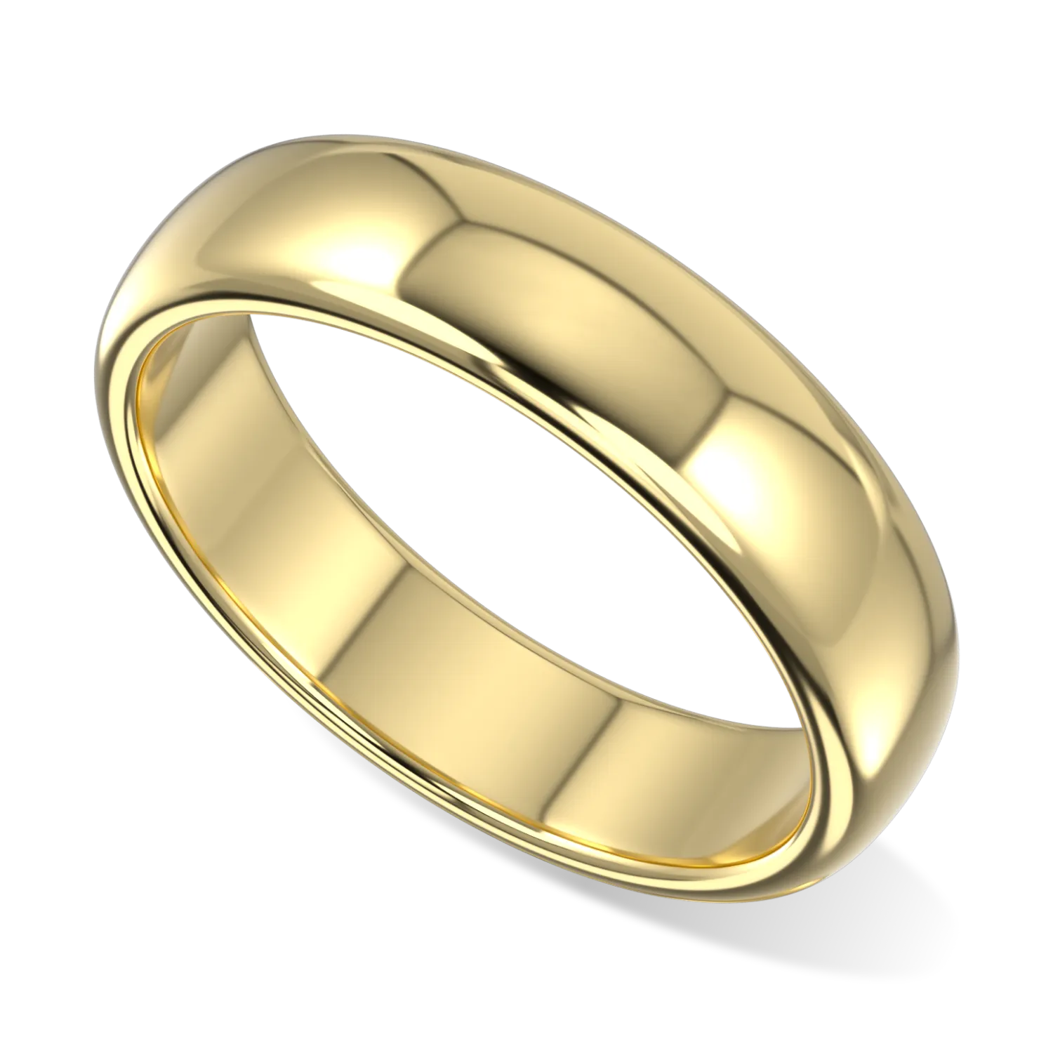 Handcrafted 18ct Yellow Gold 5mm wedding band by Blacklock, Cove collection — worn view