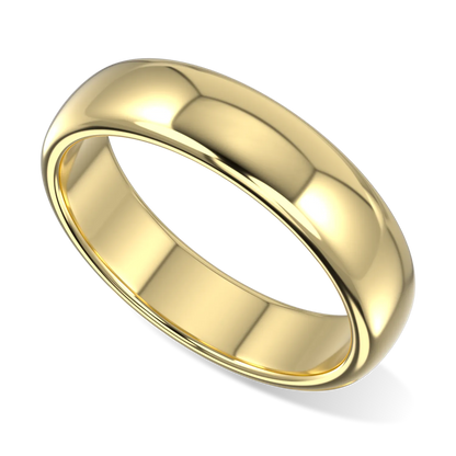 Handcrafted 18ct Yellow Gold 5mm wedding band by Blacklock, Cove collection — worn view