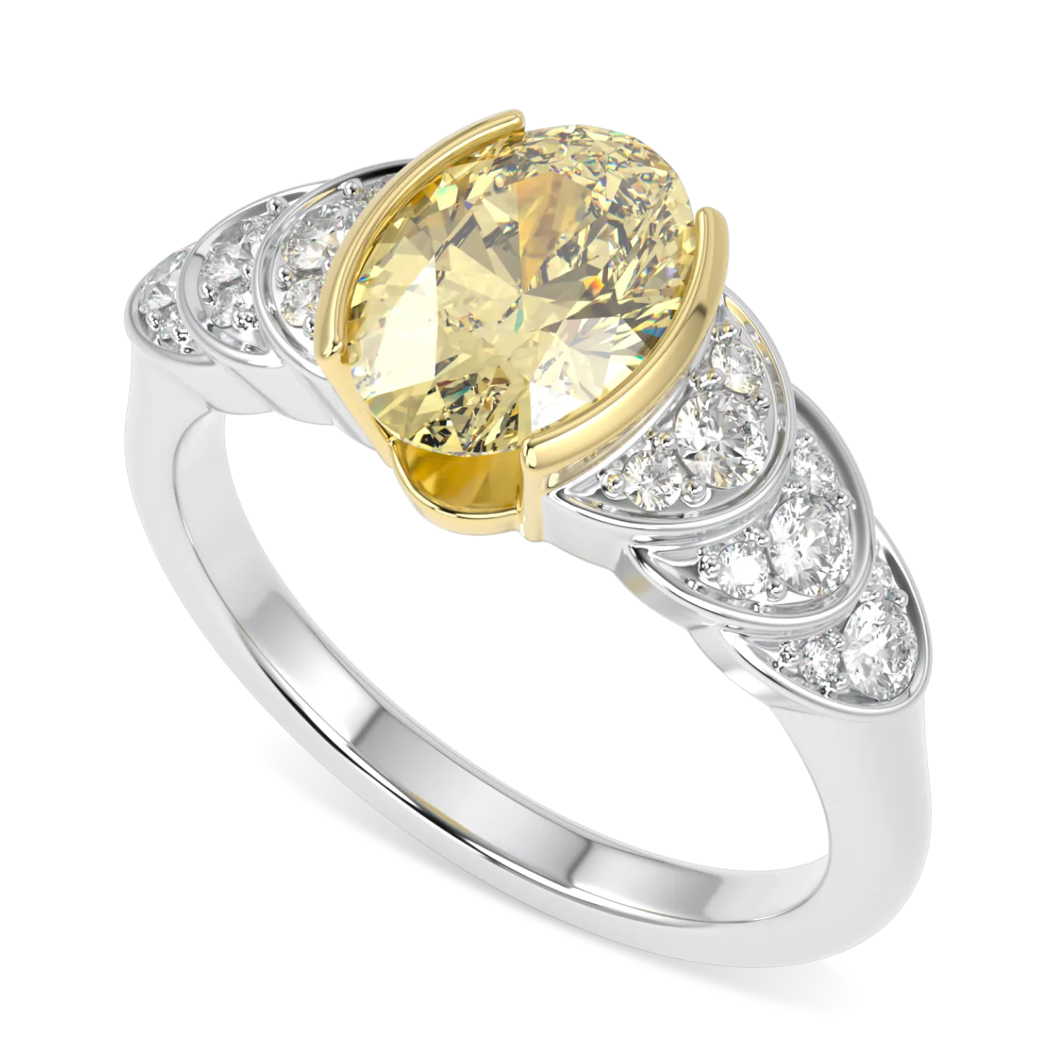 Handcrafted Platinum Oval Fancy Yellow Diamond engagement ring by Blacklock, Cove collection