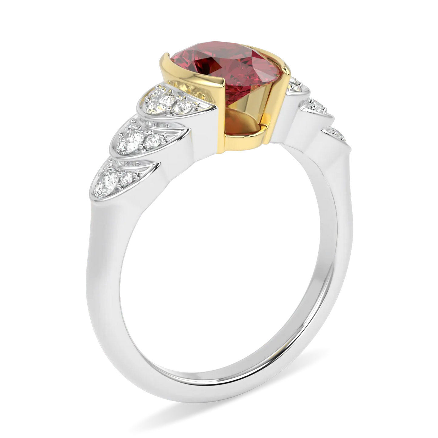 Cove collection engagement ring featuring Ruby and Diamond set in Platinum, Blacklock Jewellery — detail view