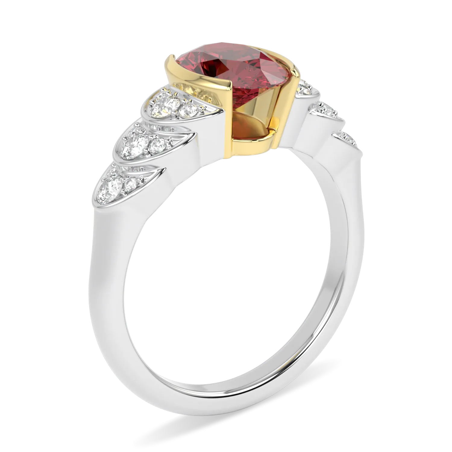 Cove collection engagement ring featuring Ruby and Diamond set in Platinum, Blacklock Jewellery — detail view
