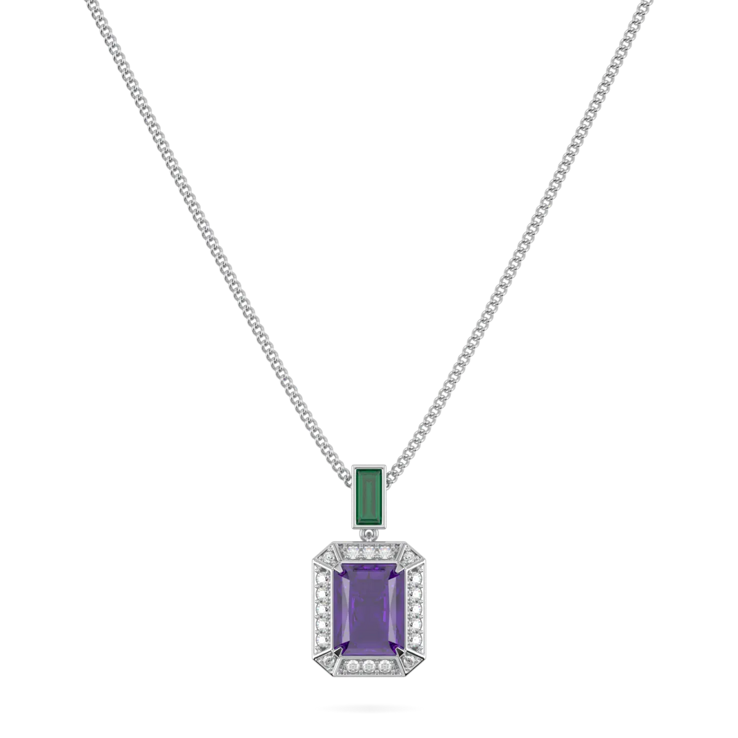 Handcrafted 18ct White Gold pendant with Amethyst Diamond and Emerald by Blacklock, Empower collection — straight on view
