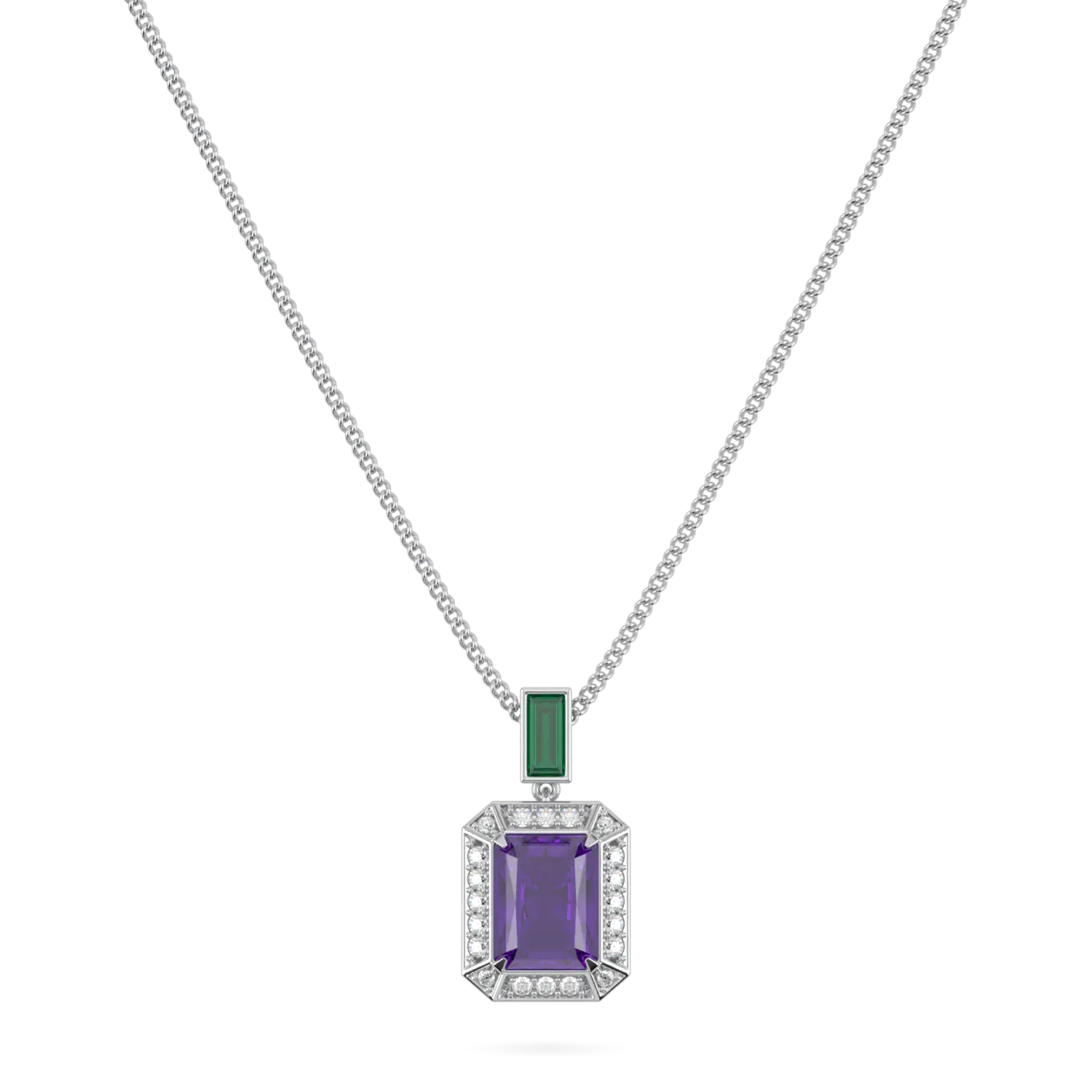 Handcrafted 18ct White Gold pendant with Amethyst Diamond and Emerald by Blacklock, Empower collection — straight on view