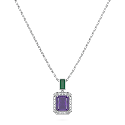 Handcrafted 18ct White Gold pendant with Amethyst Diamond and Emerald by Blacklock, Empower collection — straight on view