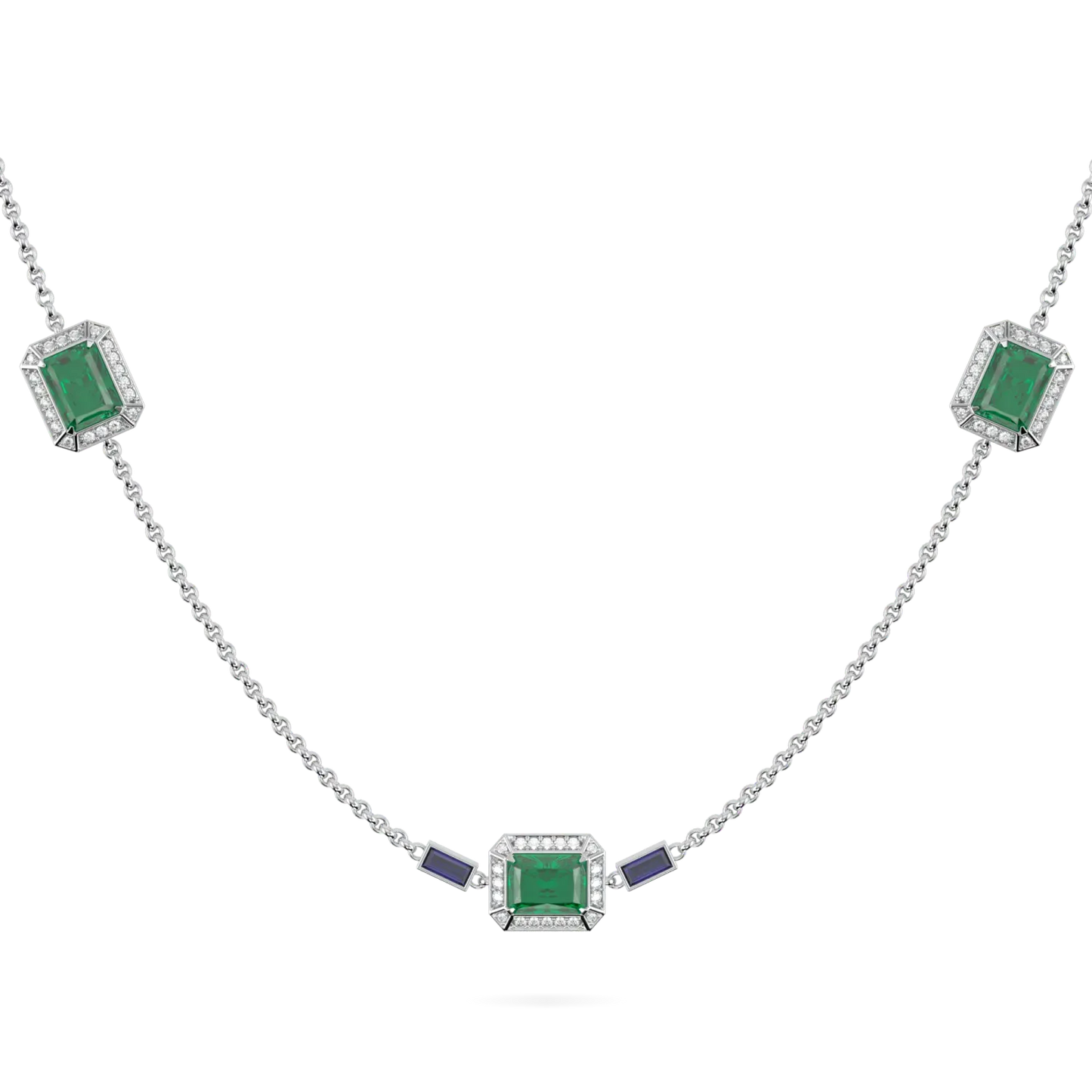 Empower collection long chain featuring Emerald and Diamond halos set in 18ct White Gold, Blacklock Jewellery