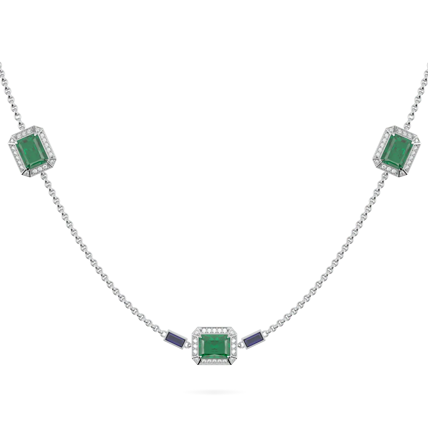 Empower collection long chain featuring Emerald and Diamond halos set in 18ct White Gold, Blacklock Jewellery