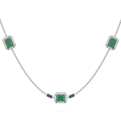 Empower collection long chain featuring Emerald and Diamond halos set in 18ct White Gold, Blacklock Jewellery