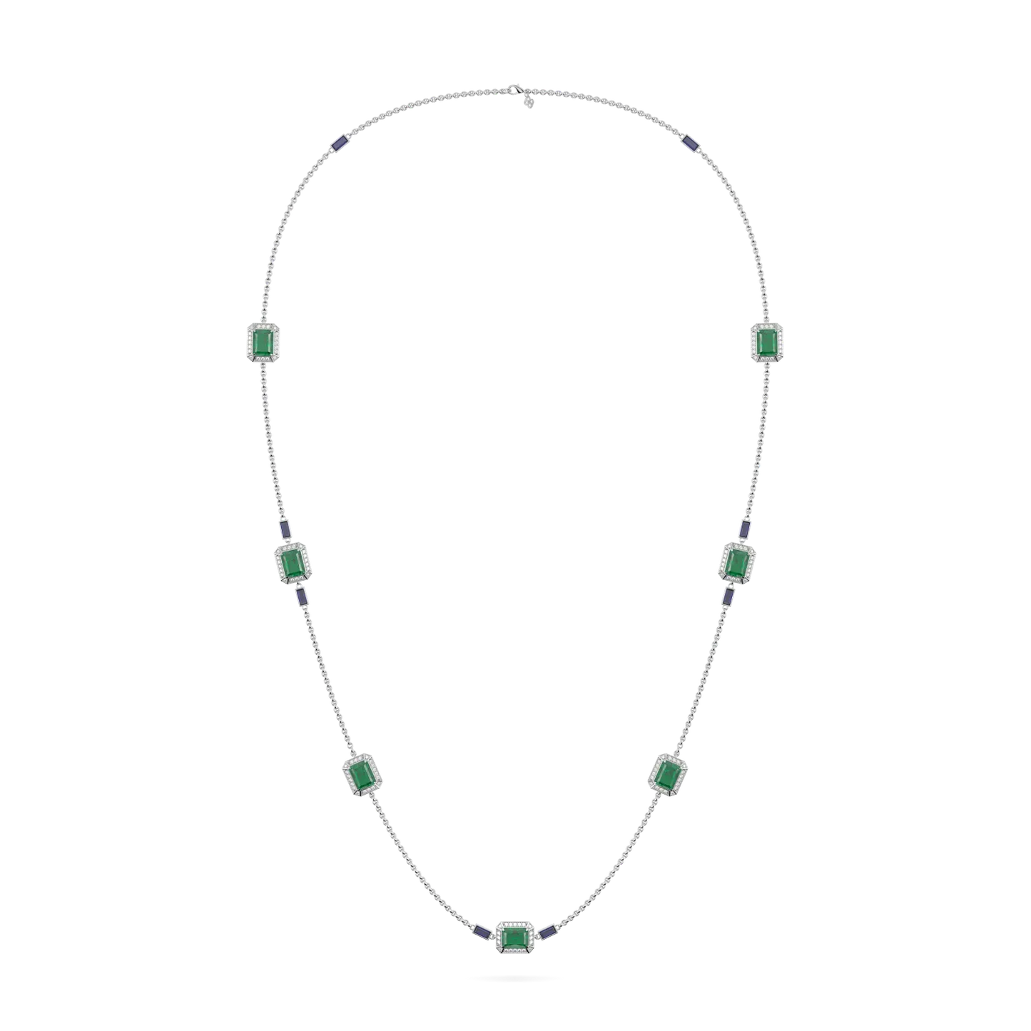Handcrafted 18ct White Gold chain with Emerald and Diamond halos by Blacklock, Empower collection — side view