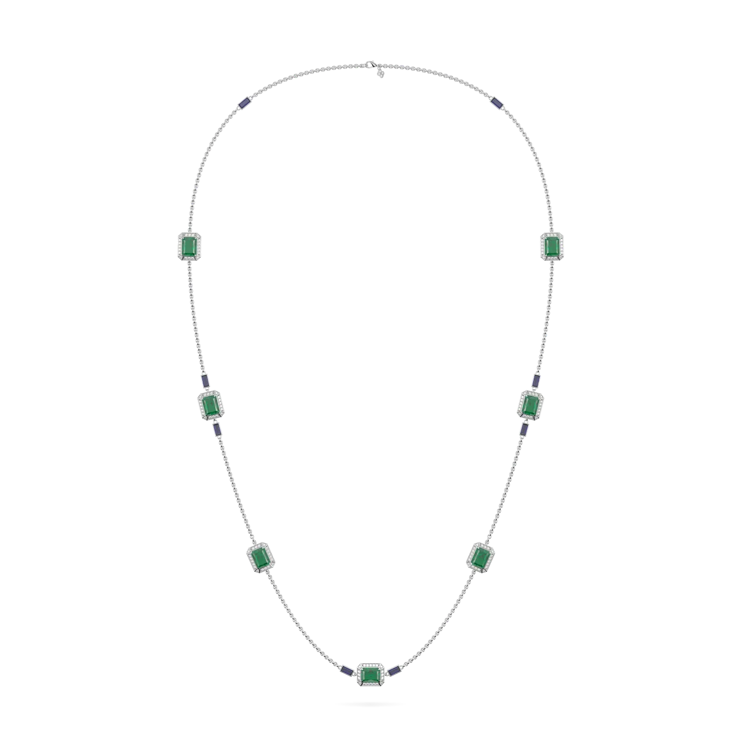 Handcrafted 18ct White Gold chain with Emerald and Diamond halos by Blacklock, Empower collection — side view