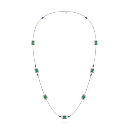 Handcrafted 18ct White Gold chain with Emerald and Diamond halos by Blacklock, Empower collection — side view