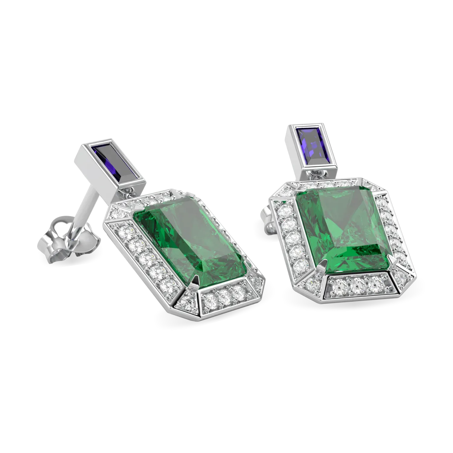 18ct White Gold Emerald Sapphire Diamond drop earrings from Blacklock's Empower collection — detail view