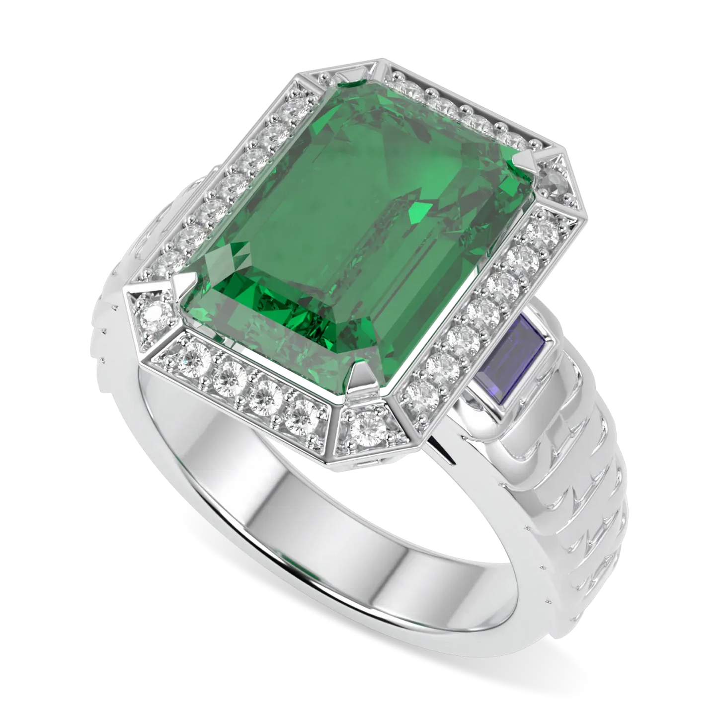 Handcrafted 18ct White Gold Emerald and Diamond chain halo ring by Blacklock, Empower collection