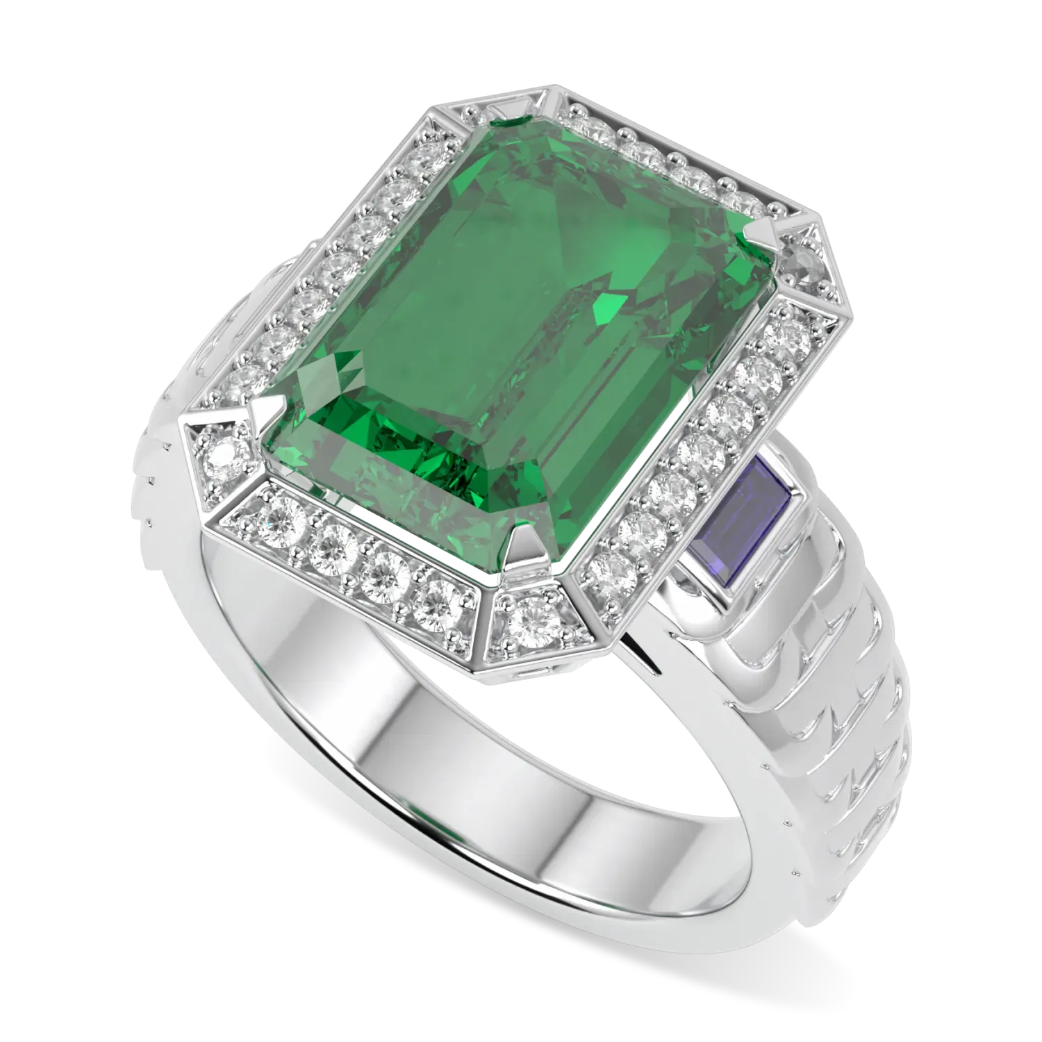 Handcrafted 18ct White Gold Emerald and Diamond chain halo ring by Blacklock, Empower collection
