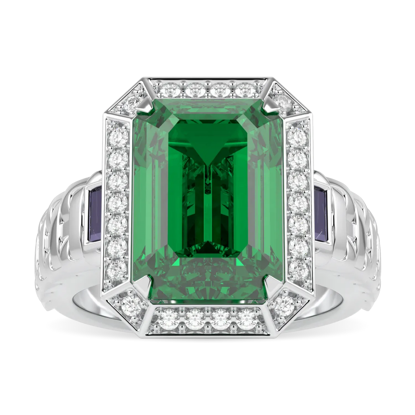 18ct White Gold Large Emerald Diamond Ring by Blacklock Jewellery, Empower collection — top down view