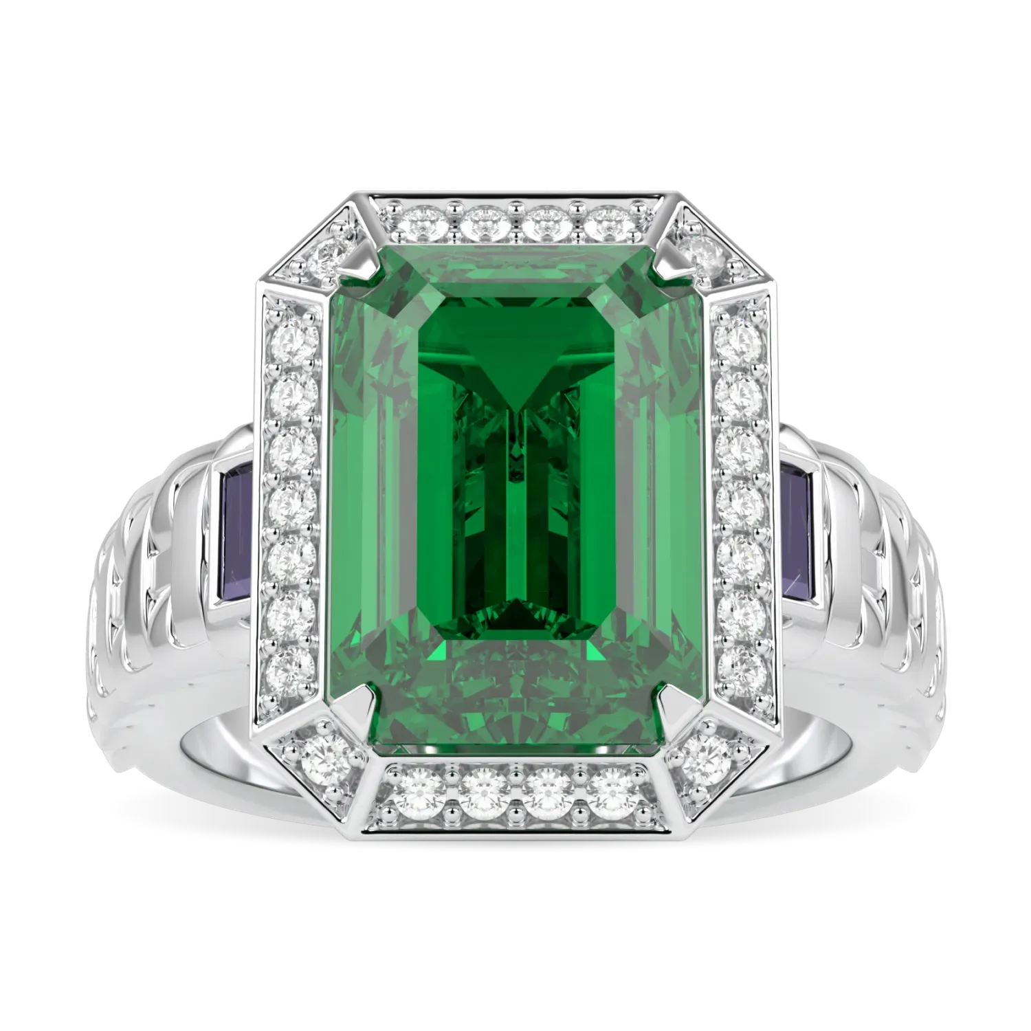 18ct White Gold Large Emerald Diamond Ring by Blacklock Jewellery, Empower collection — top down view
