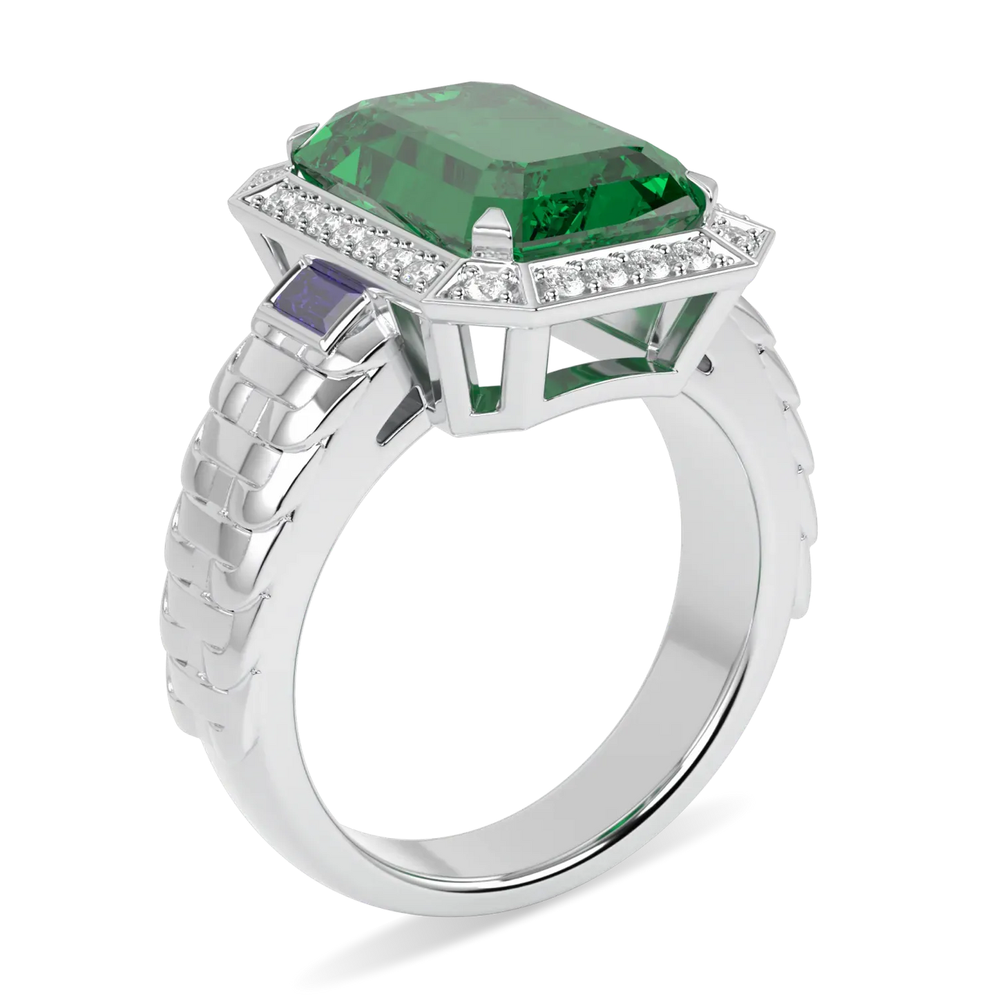 Blacklock Empower collection halo ring in 18ct White Gold with Emerald and Diamond — through finger view