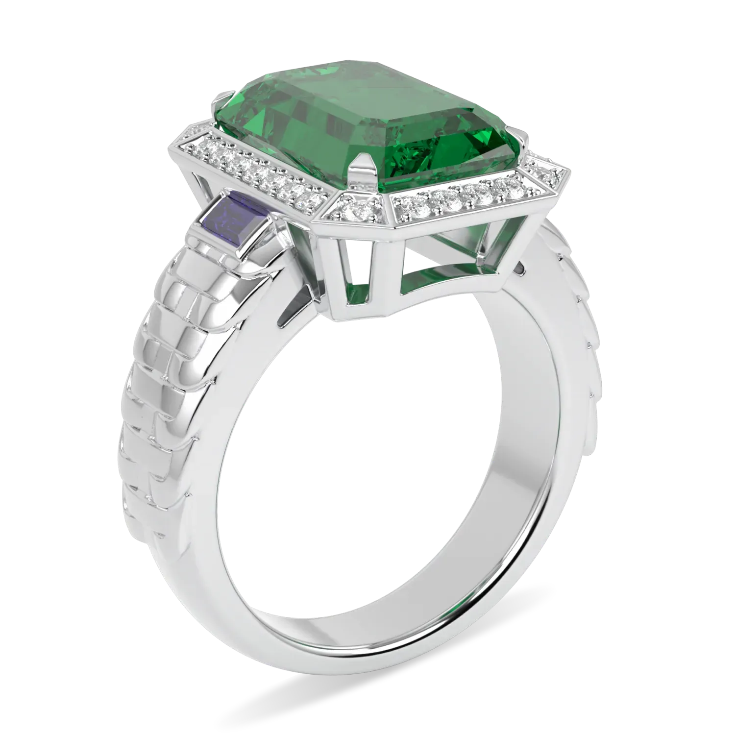 Blacklock Empower collection halo ring in 18ct White Gold with Emerald and Diamond — through finger view