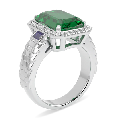 Blacklock Empower collection halo ring in 18ct White Gold with Emerald and Diamond — through finger view
