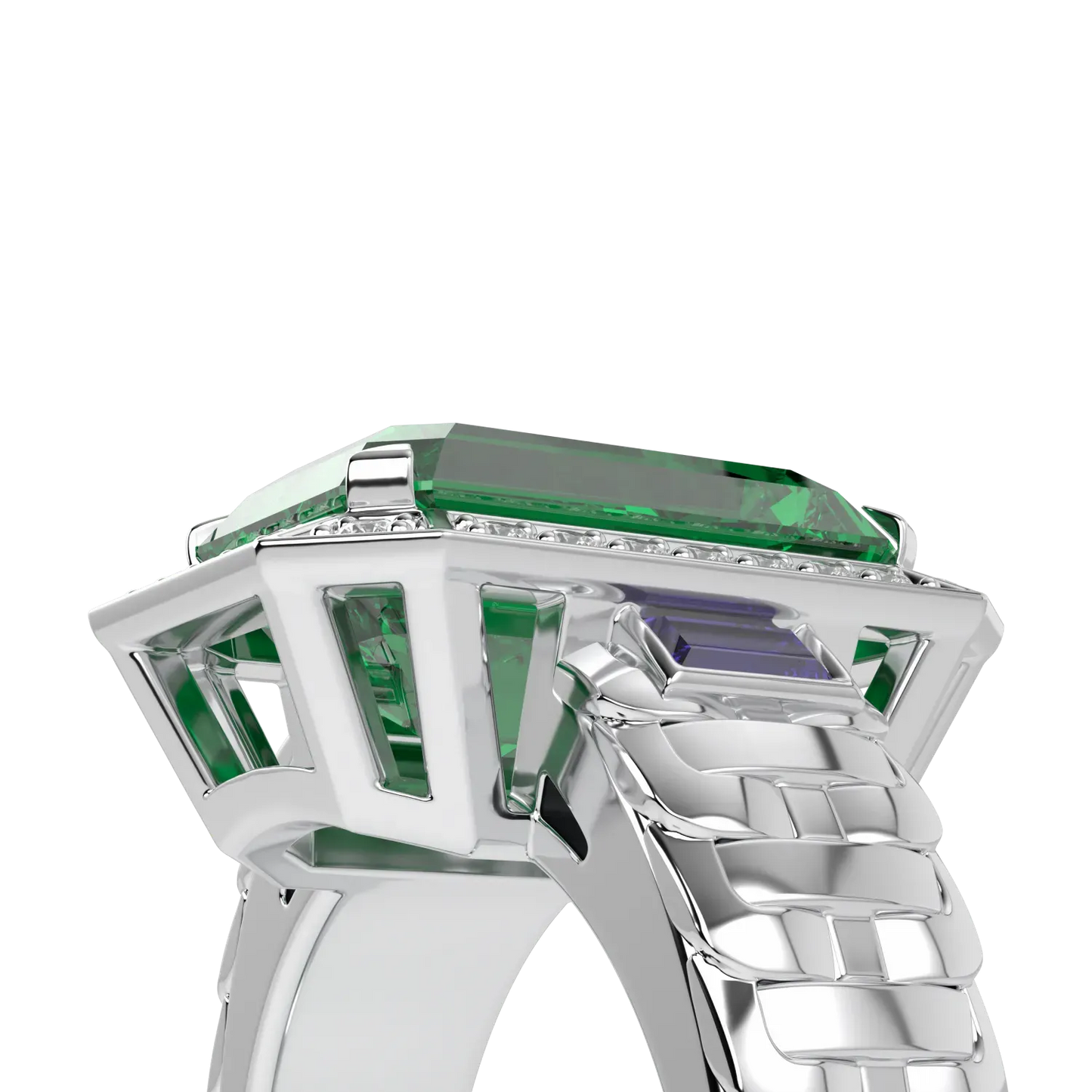 18ct White Gold Emerald Diamond ring from Blacklock's Empower collection — detail view