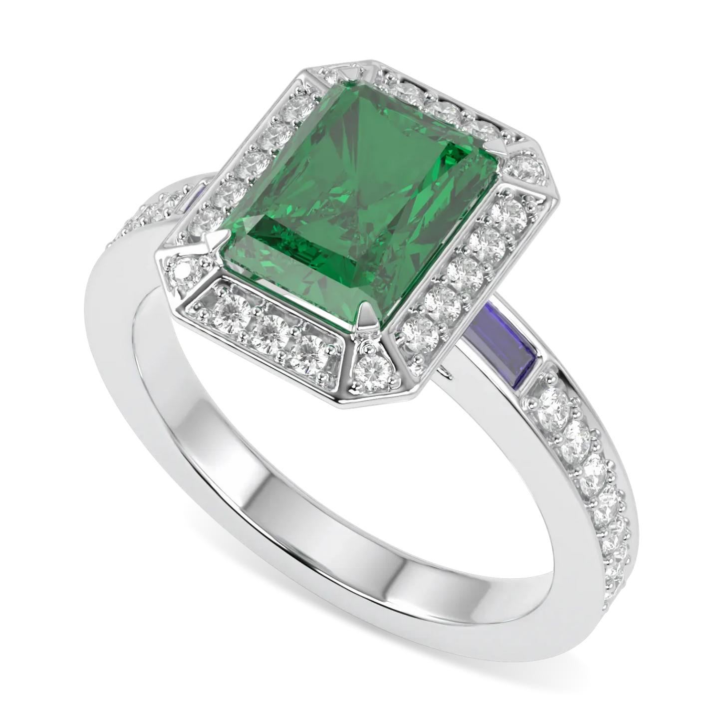 Empower collection halo ring featuring Emerald and Diamond set in 18ct White Gold, Blacklock Jewellery