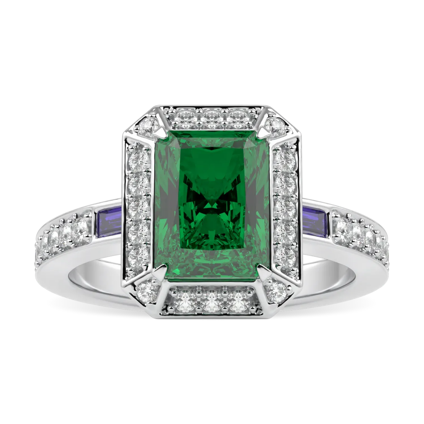 Handcrafted 18ct White Gold ring with Emerald and Diamond by Blacklock, Empower collection — top down view
