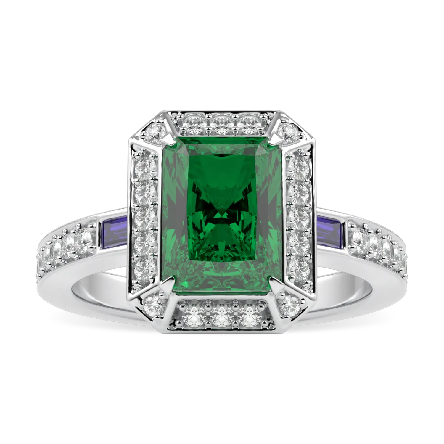 Handcrafted 18ct White Gold ring with Emerald and Diamond by Blacklock, Empower collection — top down view