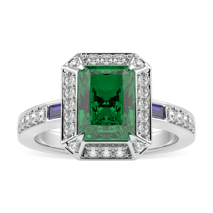 Handcrafted 18ct White Gold ring with Emerald and Diamond by Blacklock, Empower collection — top down view