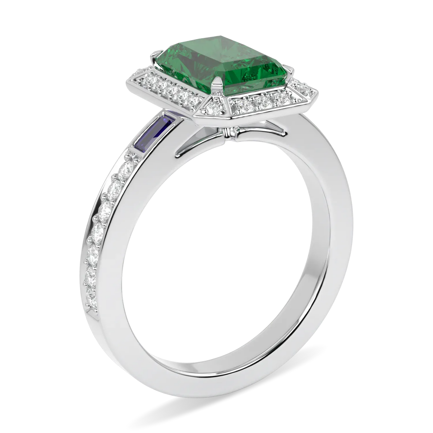 Small Emerald Diamond Ring by Blacklock Jewellery, Empower collection — through finger view