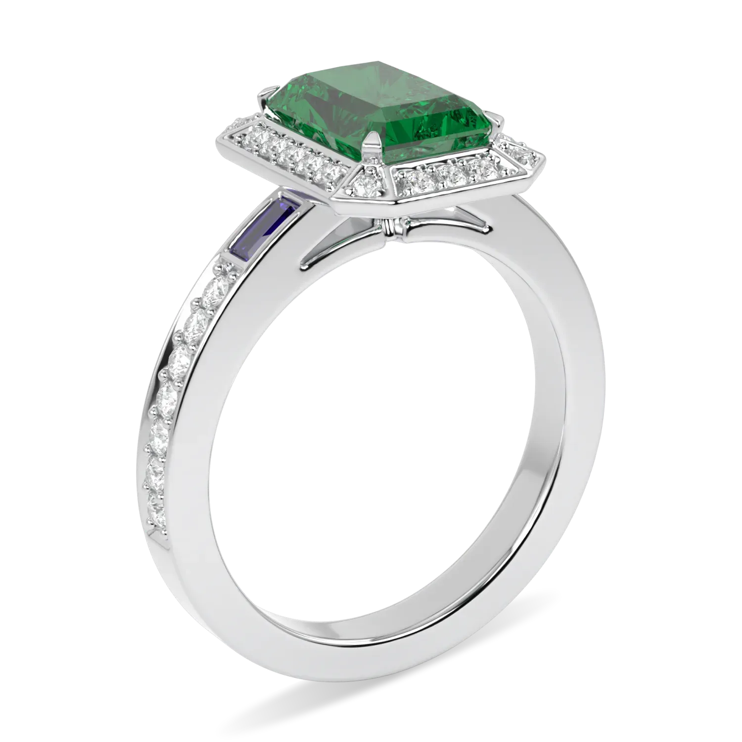 Small Emerald Diamond Ring by Blacklock Jewellery, Empower collection — through finger view