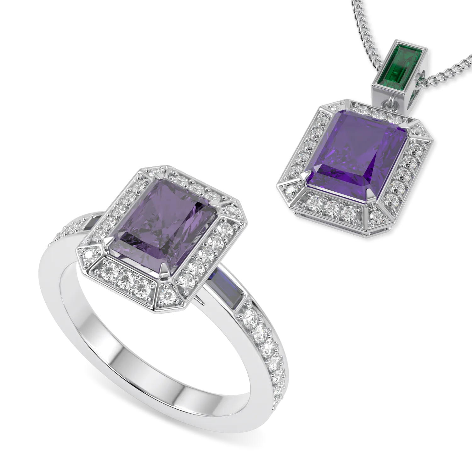 White Gold Amethyst Pendant and Ring Set by Blacklock Jewellery, Empower collection