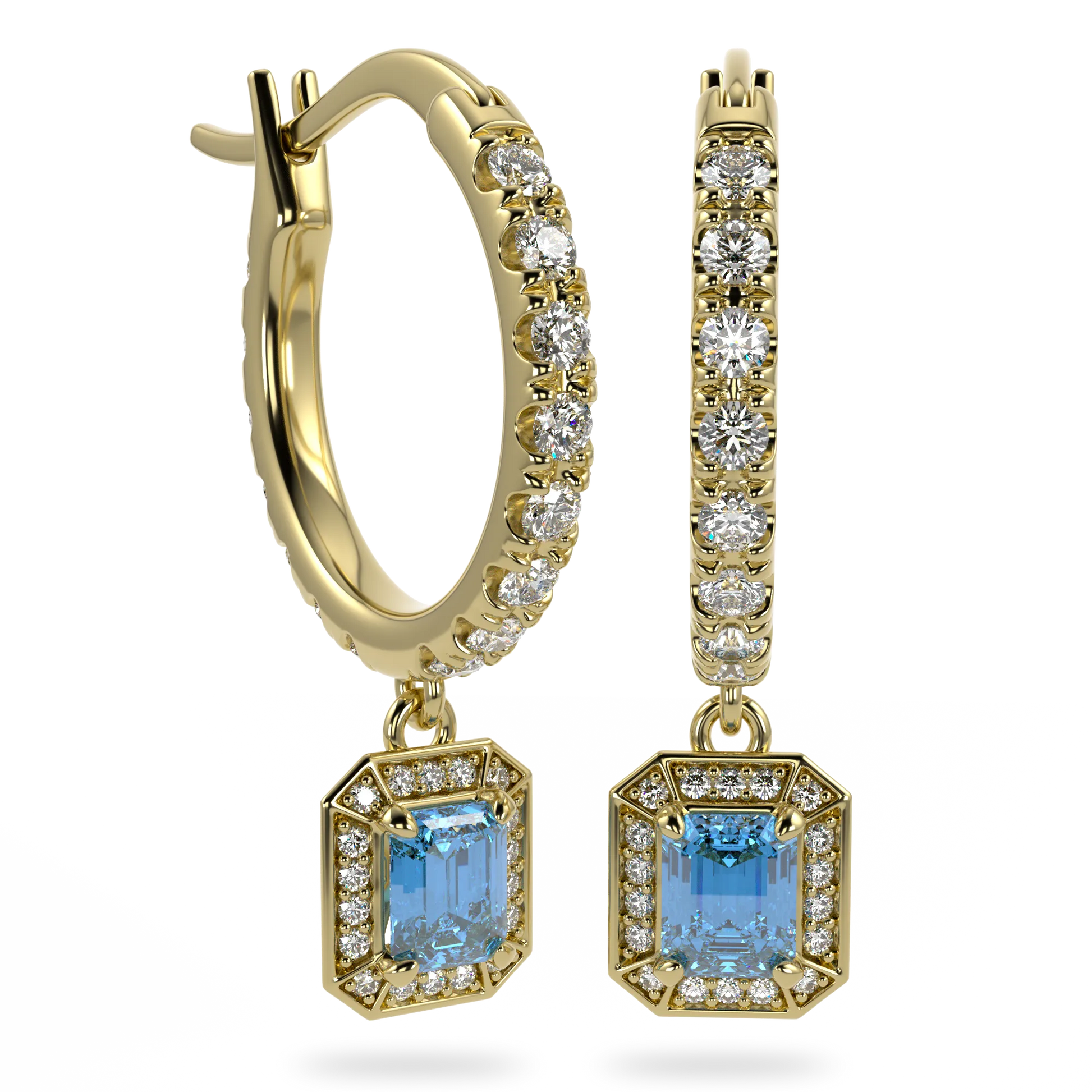 Yellow Gold Aquamarine drop earrings from Blacklock's Empower collection — side view