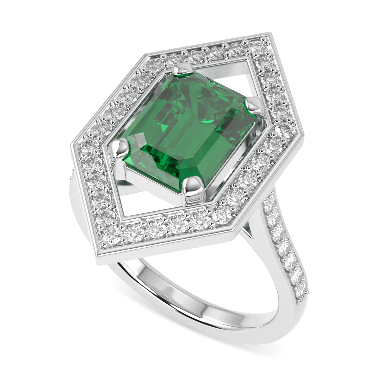 Handcrafted Platinum hexagonal halo ring with Emerald and Diamond by Blacklock, High Jewellery collection