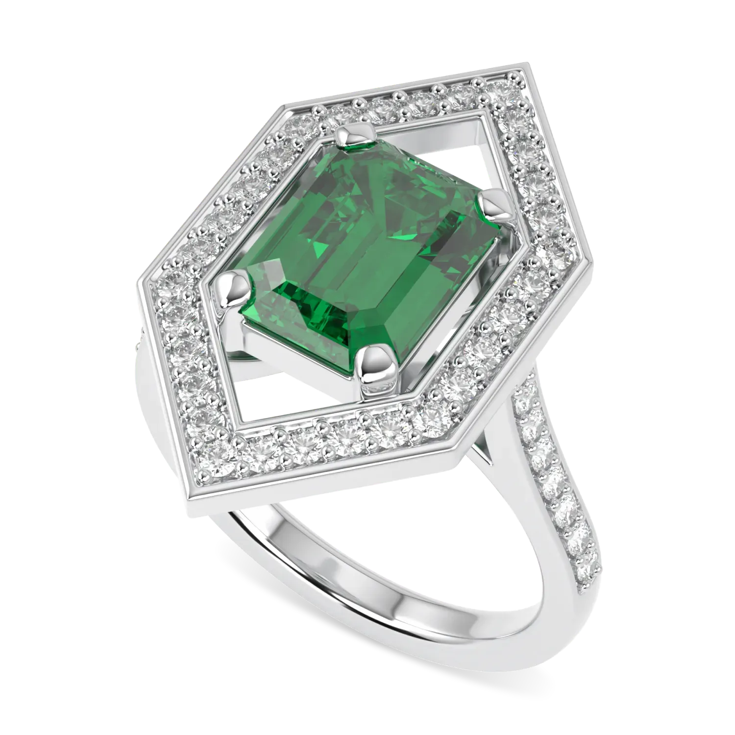 Handcrafted Platinum hexagonal halo ring with Emerald and Diamond by Blacklock, High Jewellery collection