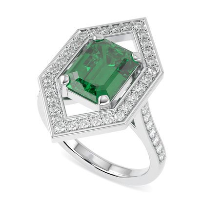 Handcrafted Platinum hexagonal halo ring with Emerald and Diamond by Blacklock, High Jewellery collection