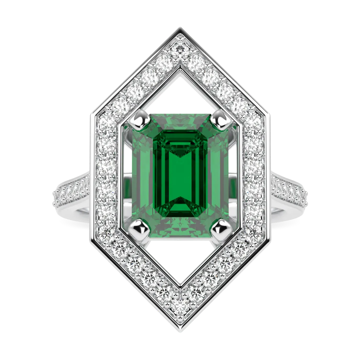 Emerald Diamond Hexagonal Halo Ring by Blacklock Jewellery, High Jewellery collection — side view