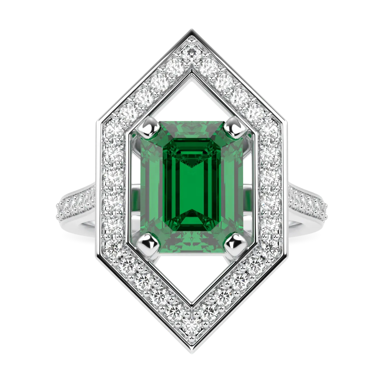 Emerald Diamond Hexagonal Halo Ring by Blacklock Jewellery, High Jewellery collection — side view