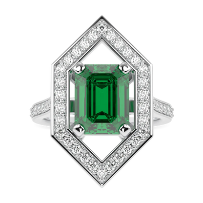 Emerald Diamond Hexagonal Halo Ring by Blacklock Jewellery, High Jewellery collection — side view