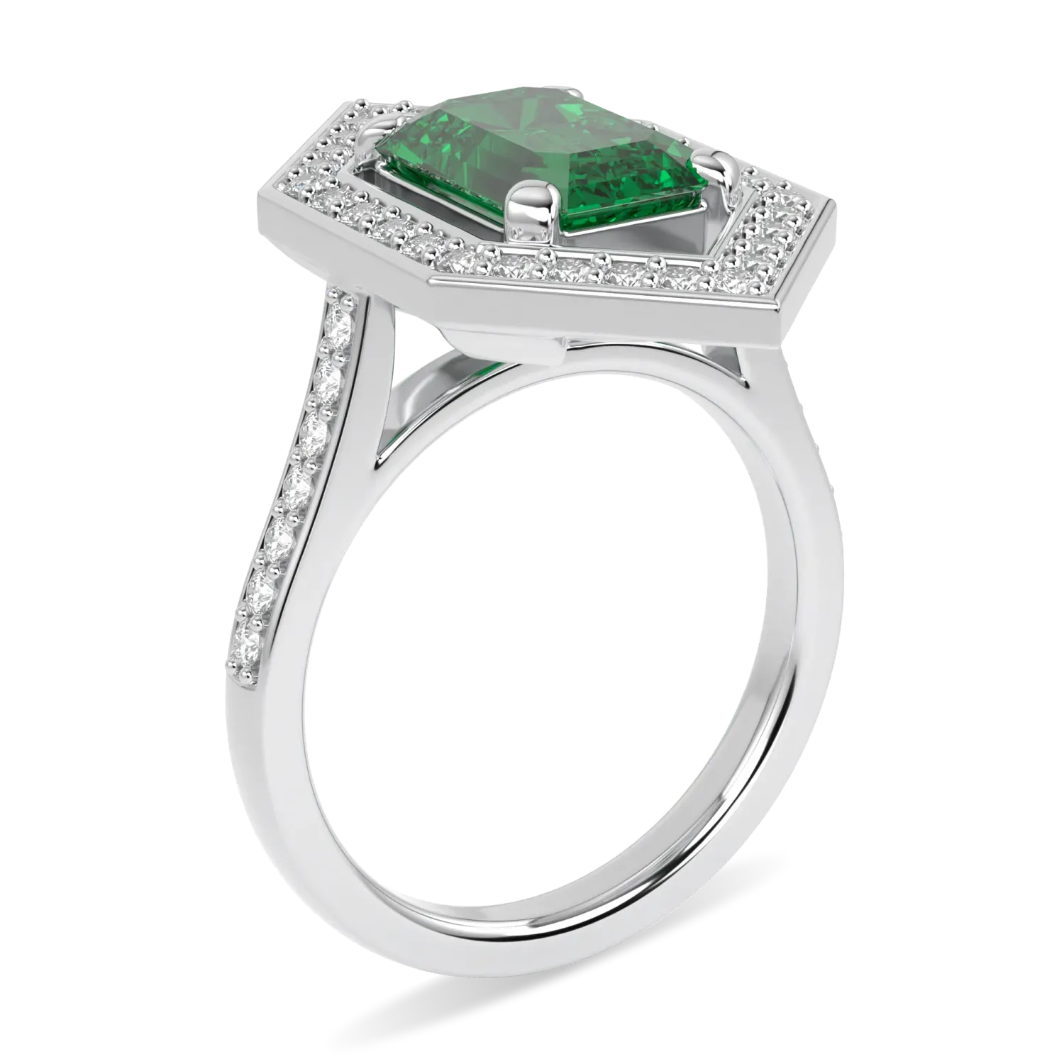 Blacklock Emerald and Diamond ring in Platinum, Blacklock High Jewellery collection — detail view