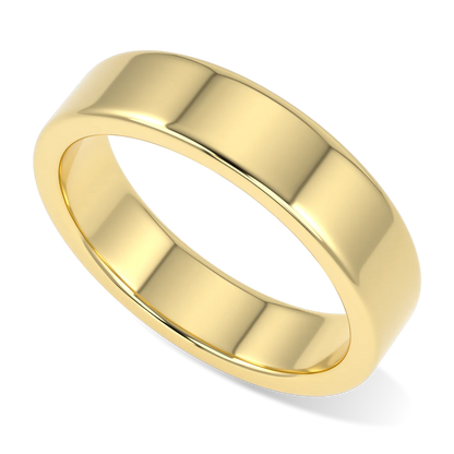 Handcrafted 5mm Yellow Gold wedding band by Blacklock, Force collection — worn view