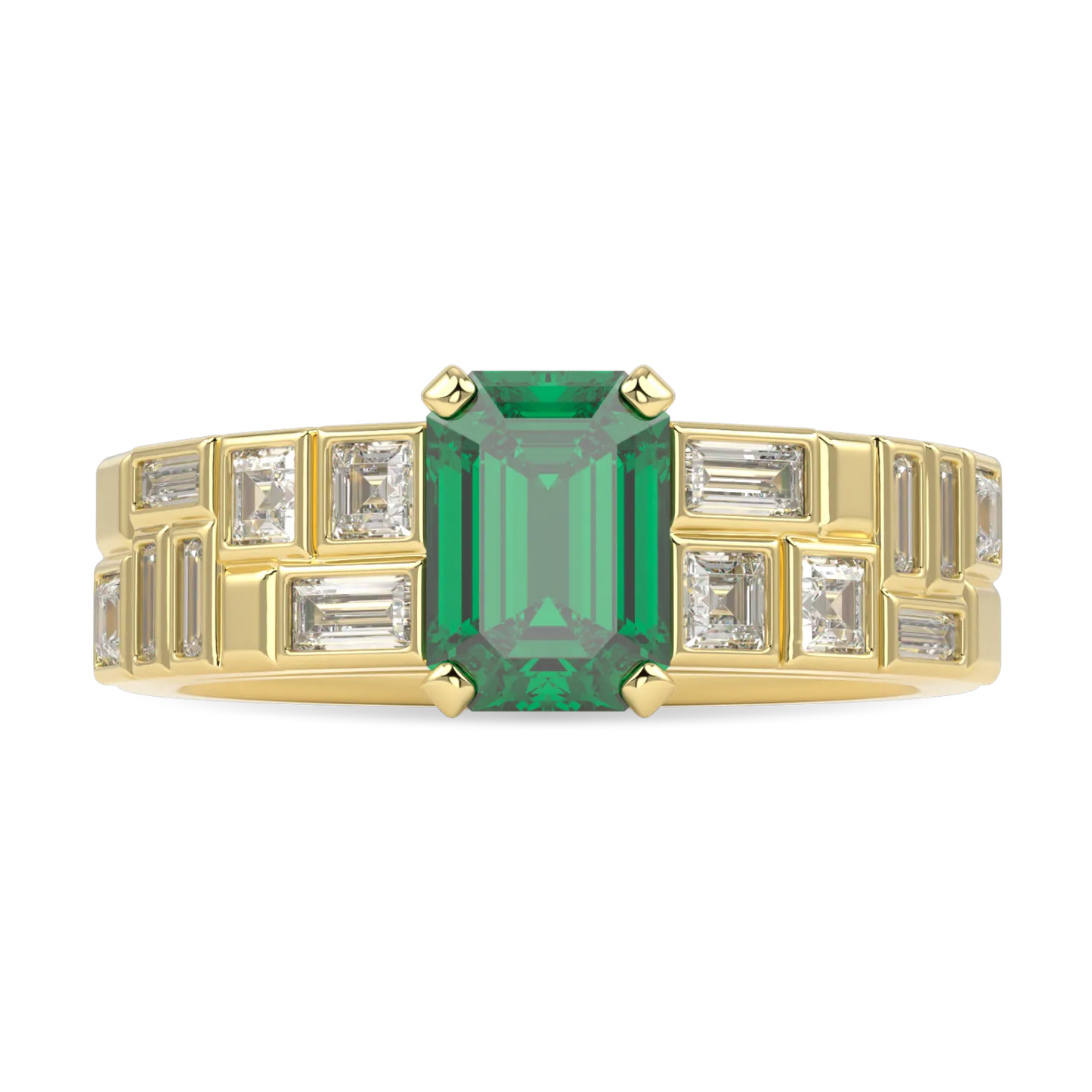 Handcrafted Platinum Emerald and Diamond double row engagement ring by Blacklock, Force collection — side view