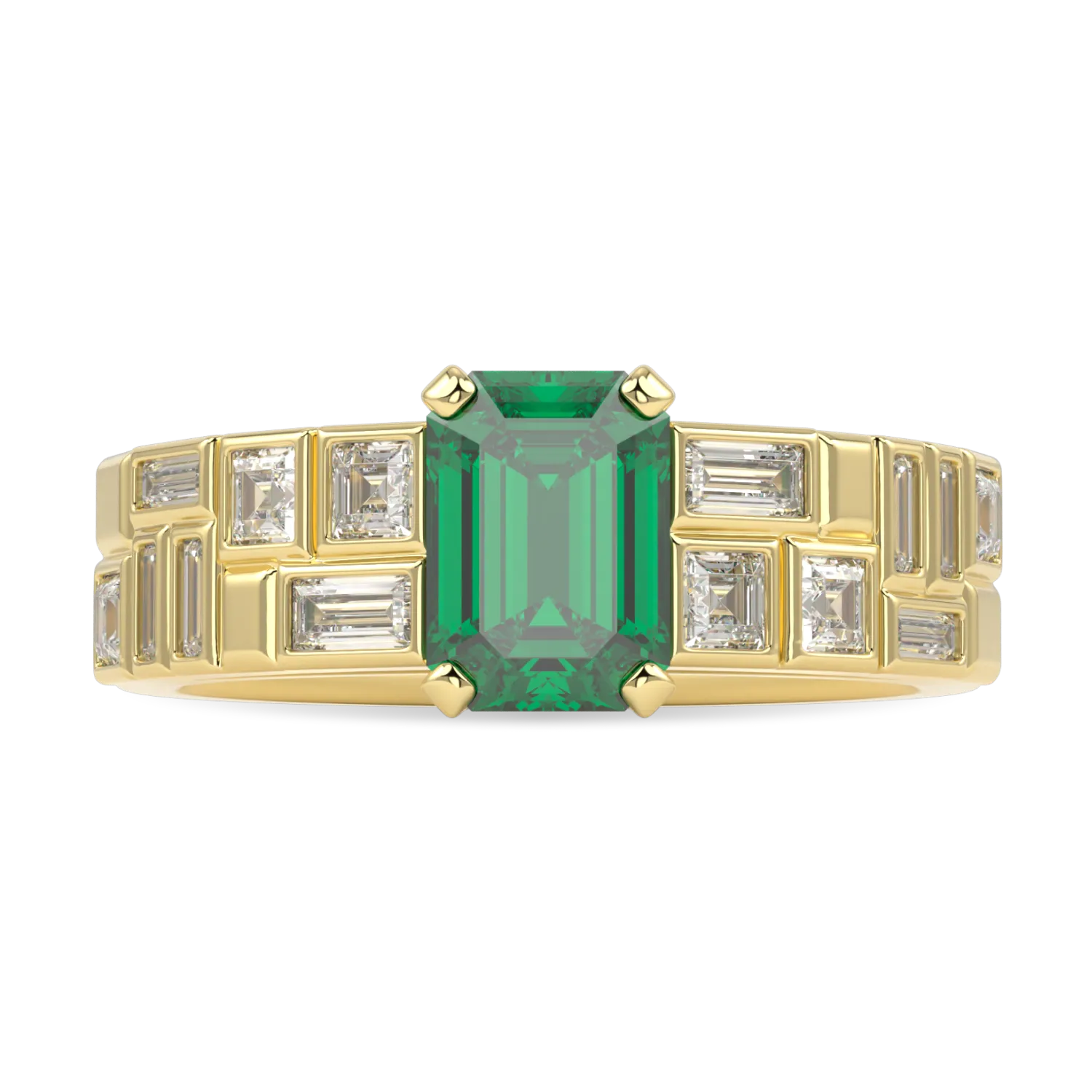 Handcrafted Platinum Emerald and Diamond double row engagement ring by Blacklock, Force collection — side view