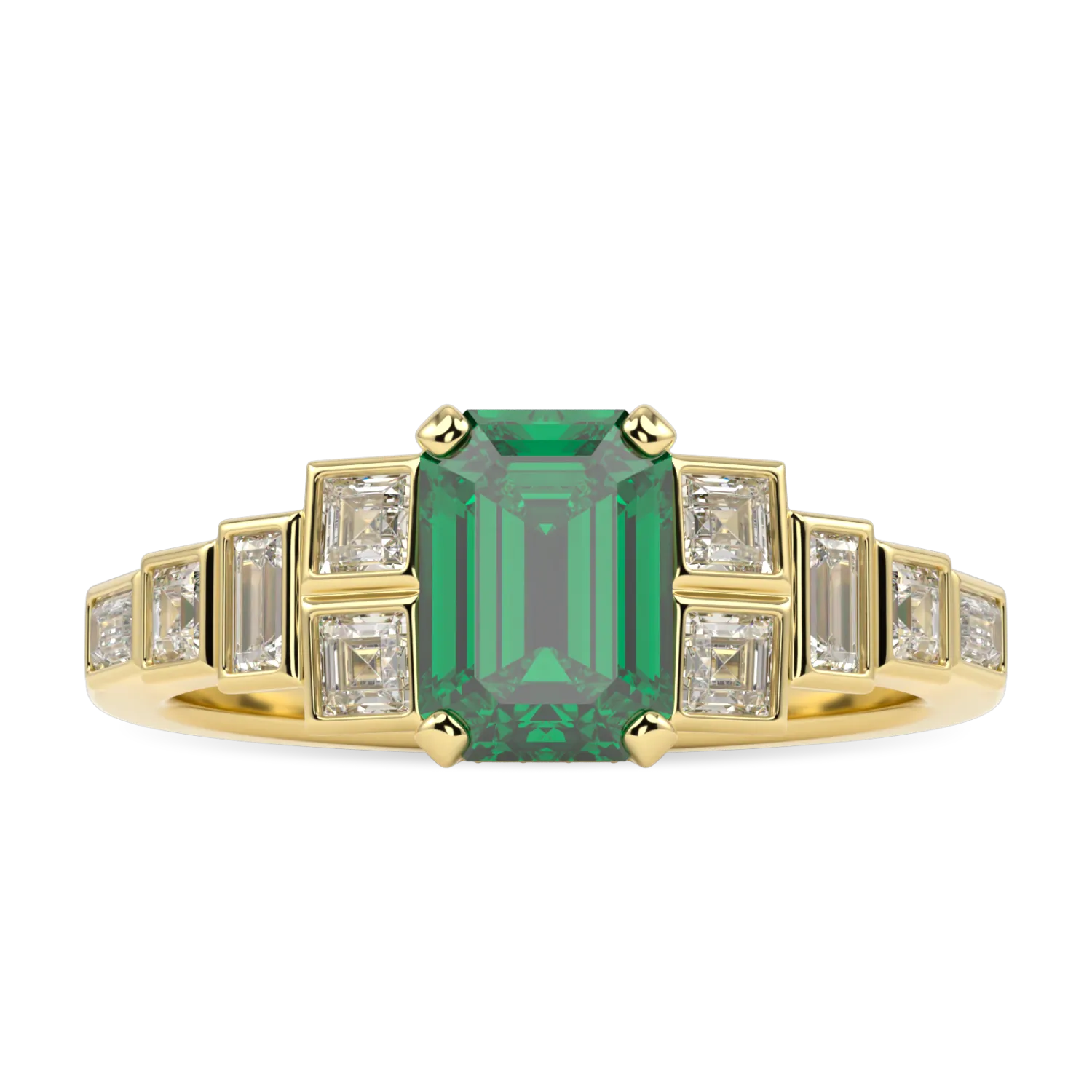 Force collection engagement ring featuring 0.95cts Emerald and Diamond set in 18ct Yellow Gold, Blacklock Jewellery — side view